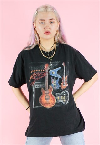 VINTAGE 90S T-SHIRT Y2K BLACK ROCK MUSIC GUITAR PRINT