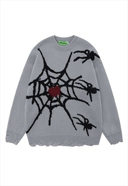 Spider web sweater knitted Gothic jumper punk top in grey