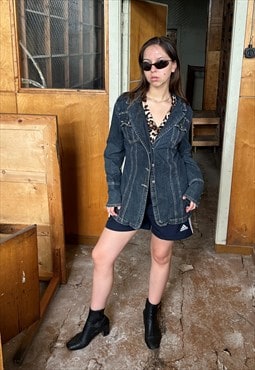 Vintage y2k long grunge denim rave cool jacket in dark navy