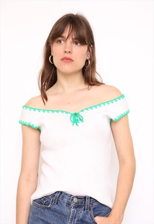 VINTAGE 70S WHITE GREEN STRETCH KNIT T-SHIRT TOP