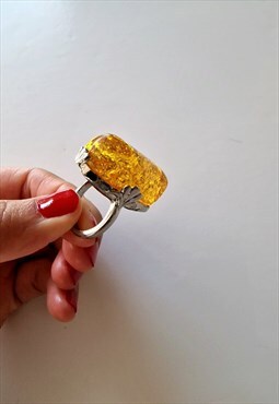 Chunky honey amber silver ring Size L / 6