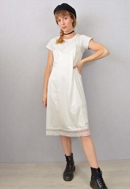 Vintage Strappy Slip Dress Midi Satin Silky Cream White