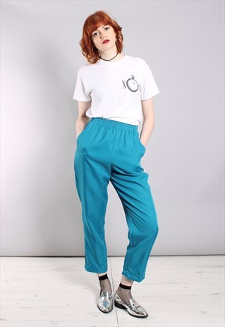 VINTAGE 80S TURQUOISE HIGH WAISTED CROPPED TROUSERS