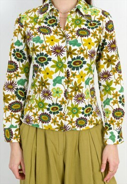 Vintage Women's S 70's Funky Floral Pattern Blouse Shirt