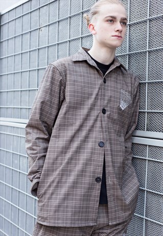KHAKI CHECKED BADMINTON EXTRA LENGTH JACKET SHIRT COAT