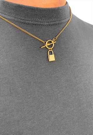 PADLOCK PENDANT T BAR TOGGLE NECKLACE CHAIN - GOLD