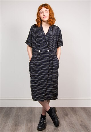 90'S VINTAGE NAVY BLUE POLKA DOT PATTERN MIDI DRESS