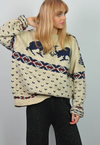 VINTAGE 90S CREAM NORDIC PATTERN OVERSIZE WOOL JUMPER