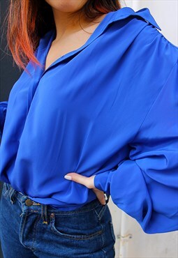 Blue Long Sleeved Blouse with Concealed Buttons