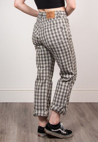 90'S VINTAGE HIGH WAIST CHECK PATTERN JEANS
