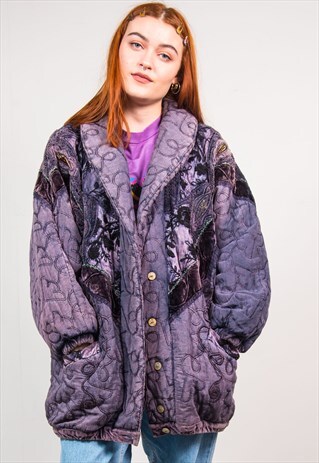 90'S DARK PURPLE FLORAL EMBROIDERED PRINT PADDED COAT