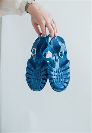 VINTAGE 90S BEACH STRAPPY JELLY SANDALS IN BLUE UK4