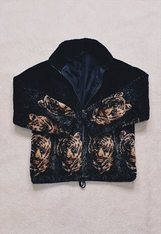 VINTAGE 90S BLACK TIGER PATTERN FLEECE JACKET
