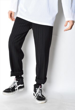 VINTAGE 90S BLACK STRIPED WOOL PANTS