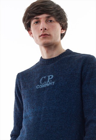 VINTAGE C.P. COMPANY FLEECE KNITTED SWEATER BLUE BIG LOGO