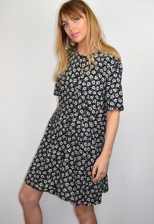 VINTAGE BLACK & WHITE FLORAL PRINT BUTTON THROUGH MINI DRESS