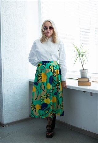 VINTAGE 80'S GREEN ABSTRACT PRINT MIDI SKIRT