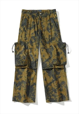 Tie-dye corduroy jeans cargo pocket gradient overalls yellow