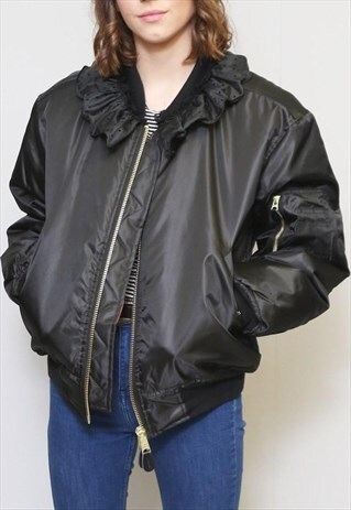 VINTAGE STYLE BLACK RUFFLED BOMBER JACKET