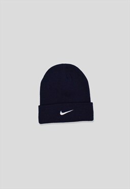 Vintage 90s Nike Embroidered Logo Beanie Hat in Navy Blue