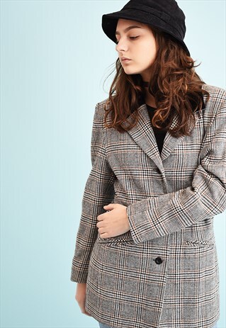 80'S RETRO DOGTOOTH PATTERN TWEED BLAZER JACKET