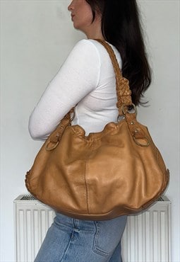 Tan Brown Leather Vintage Slouchy Shoulder Bag
