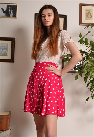 VINTAGE 80S POLKA DOT PLEATED BUTTON MINI SKIRT IN PINK