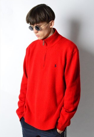 VINTAGE 90S RED LAMBS WOOL 1/3 ZIPPER RALPH LAUREN JUMPER