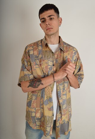 VINTAGE SILK SHIRT FESTIVAL PRINT SIZE L (2814)