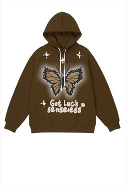 Butterfly print hoodie graffiti pullover grunge jumper brown
