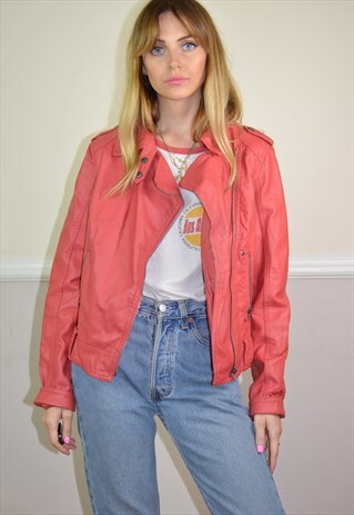 VINTAGE 90S CORAL RED LEATHER BIKER JACKET