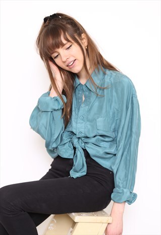 VINTAGE 90S GREEN SILK OVERSIZED BLOUSE SHIRT