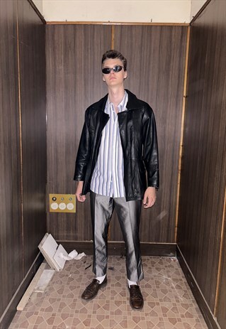 VINTAGE RAVE Y2K LEATHER UNISEX BAGGY COAT JACKET IN BLACK