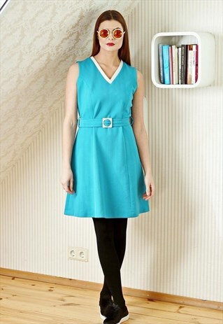 BLUE SLEEVELESS BELTED DRESS