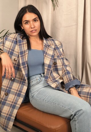 BLUE AND YELLOW CHECKED OVERSIZED BLAZER