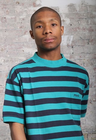 VINTAGE FILA STRIPED LOGO T-SHIRT BLUE