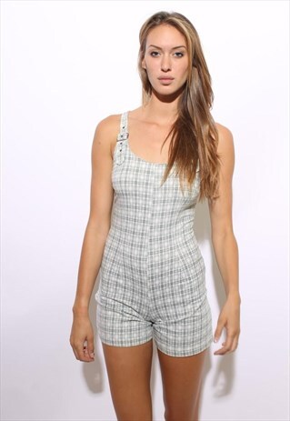 VINTAGE 90S GINGHAM SHORTS ROMPER PLAYSUIT PLAID JUMPSUIT XS