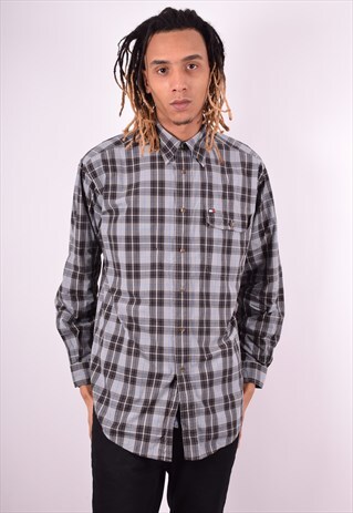 TOMMY HILFIGER MENS VINTAGE SHIRT MEDIUM GREY CHECK 90'S