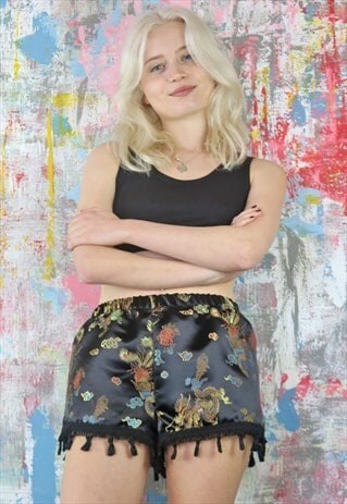 SHORTS IN BLACK SATIN EMBROIDERED CHINESE DRAGONS & TASSELS