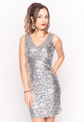 PLAIN SLIVER COLOR SEQUIN V-NECK SLEEVELESS PARTY DRESS