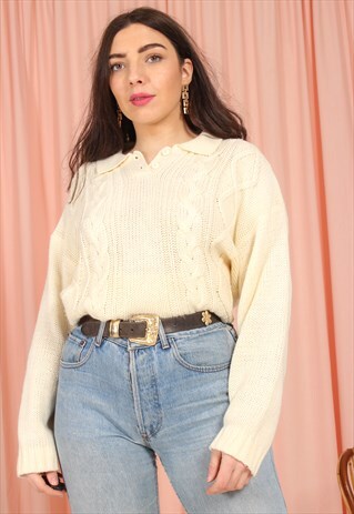 VINTAGE 90S COLLARED JUMPER IN CREAM CABLE KNIT