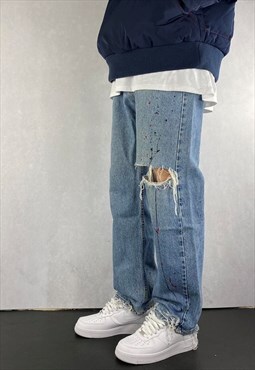 Blue Levis Jeans Rip Knee Paint Splatter Baggy Fit 36 x 30