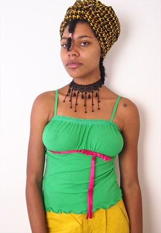 GREEN MESH TOP WITH PINK RIBBON