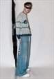 90'S VINTAGE ABSTRACT PRINT JUMPER IN GREY WITH BLUE DETAILS