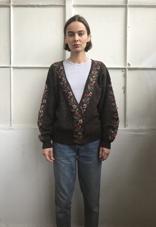 VINTAGE 80' CUTE BEAUTIFUL BROWN FLOWER WOOL JUMPER