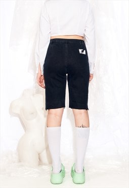 Vintage Jorts 90s Reworked Graphic Patch Crop Jeans in Black