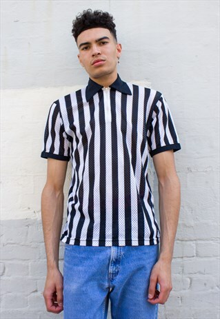 VINTAGE UNISEX MESH POLO TOP / SHIRT IN BLACK & WHITE STRIPE