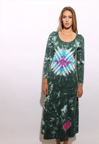 VINTAGE 1990'S 90'S TIE DYE HEART MAXI DRESS COTTON S-M