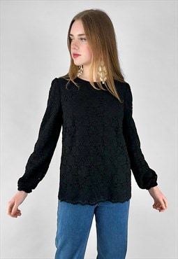 60's Vintage Black Lace Bell Sleeve Ladies Blouse Top