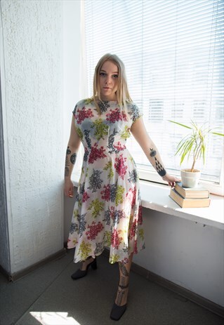 VINTAGE 80'S WHITE FLORAL PRINT MIDI SEEN THROUGH DRESS